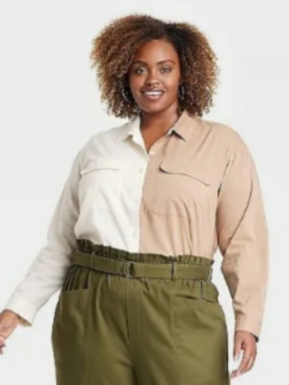Ava & Viv Women's Long Sleeve Utility Colorblock Button Down Shirt 1X